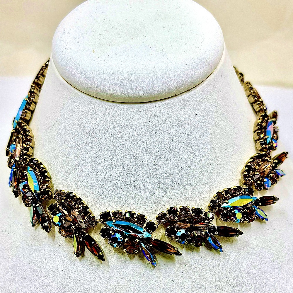 SHERMAN Vintage Brown Rhinestone And Aurora Borealis  Necklace